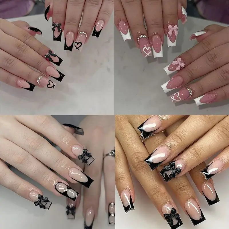 Hot-Selling 24-Piece Cross-Border Nail Stickers Collection Bowknot French Long Square Wearable Nail Tips Wholesale