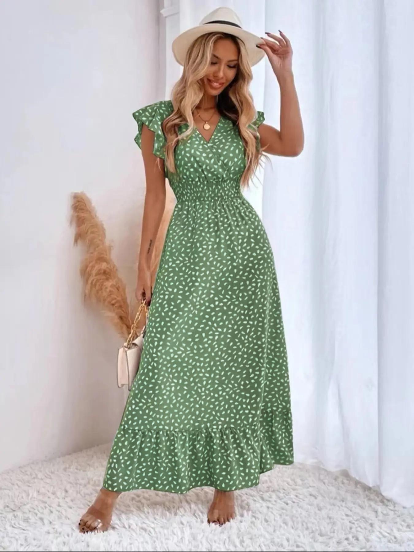 Women's Spring Summer Fashion Floral V Neck Ruffle Waist Slim Boho Dress, Long Cap Sleeve Fitted Wrap Dress for Vacation