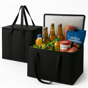 2-piece set, XL large insulated shopping bag, black, reusable, with insulated zipper, foldable, tote bag, insulated box, for transporting hot and cold food, suitable for camping