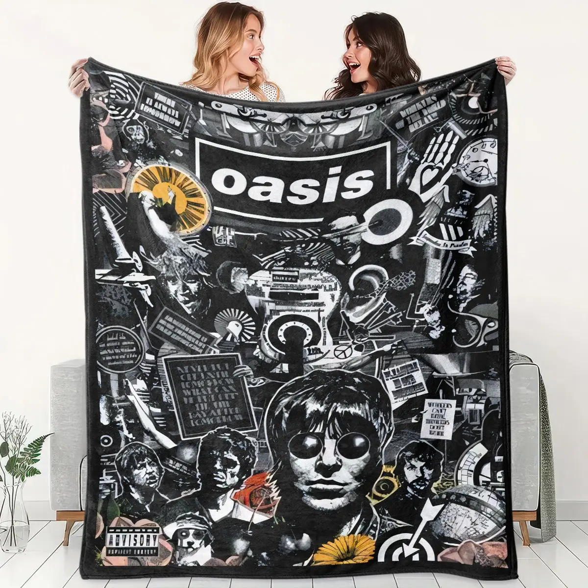 1pc Oasis Band Retro Rock Collage Fleece Blanket, Home Decor Blankets, Band Portraits, Instruments, Vinyl Records & Vintage Text Black White Collage Print, British Retro Rock Style. Soft Multi-use Throw for Sofa, Bed, Christmas Gift.