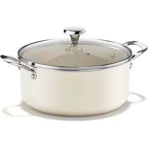 Ceramic Stock Pot with Lid, Soup Pot for All Stoves, 5 Qt Induction Cooking Pot for Soup Nonstick, Even Heating, Stay-Cool Handles, Oven/Dishwasher Safe, PTFE PFAS Free (Beige)