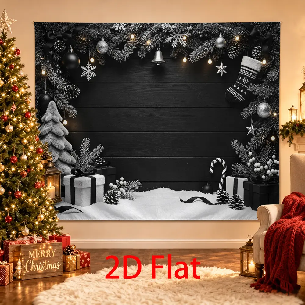 Black White Christmas Backdrop, Minimalist Rustic Wood Photo Background with Gifts, Snowflakes, Pine and Winter Snow