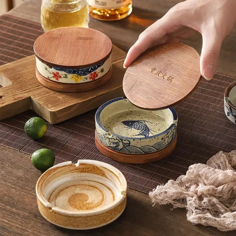 Vintage Ash Resistant Ceramic Ashtray Painted Flower Fish Round Ashtray Home Hotel Restaurant Ash Storage Box Home Decoration