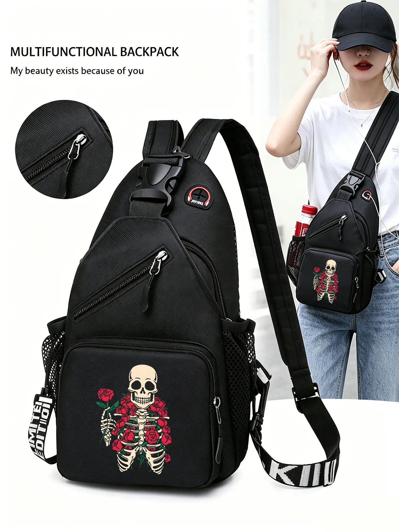 Mexican Day of the Dead Skull Bouquet Patterned Convertible Crossbody Bag/backpack, Multi-functional Chest Bag with Convertible Zippered Shoulder Strap, Multiple Pockets, Suitable for Travel, Sports, and Daily Commuting, Halloween Gifts