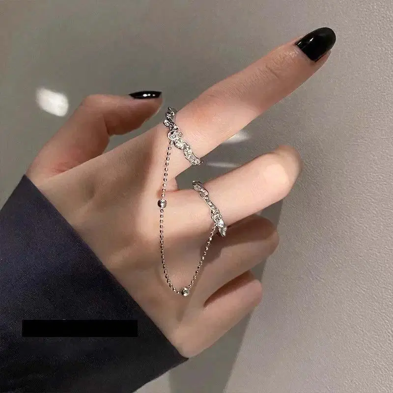 Women's Punk Style Plain Open Rings Set - Metal Coating Silver Ball Chain Tassel, Double Ring Design, Fashion Accessories for Party Gifts, Casual Wear, Cute, Tassels Chain Double Ring