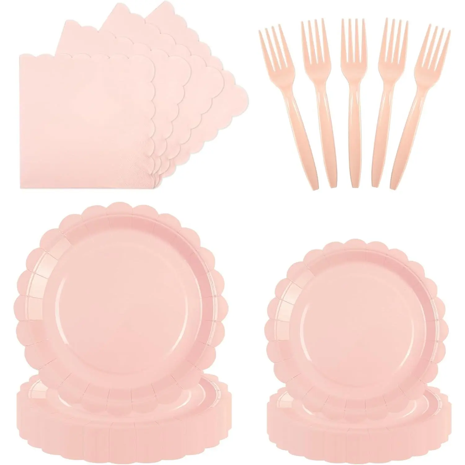 96PCS Pink Paper Plates and Napkins, 24 Guest Light Pink Disposable Scalloped Paper Plates Napkins and Forks Decoration Party Supplies for Valentine's Day Birthday Wedding Shower