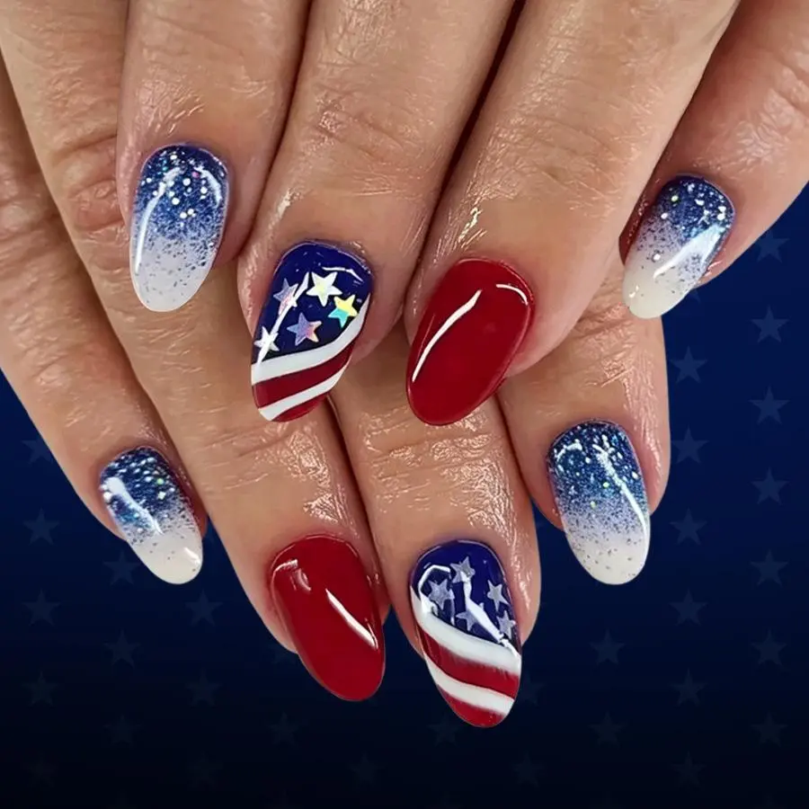 24 Pcs Short Square Press On Nails, Glitter American Flag French Tips, Full Cover Stick-On False Nails for Women, Press On Nail Sets