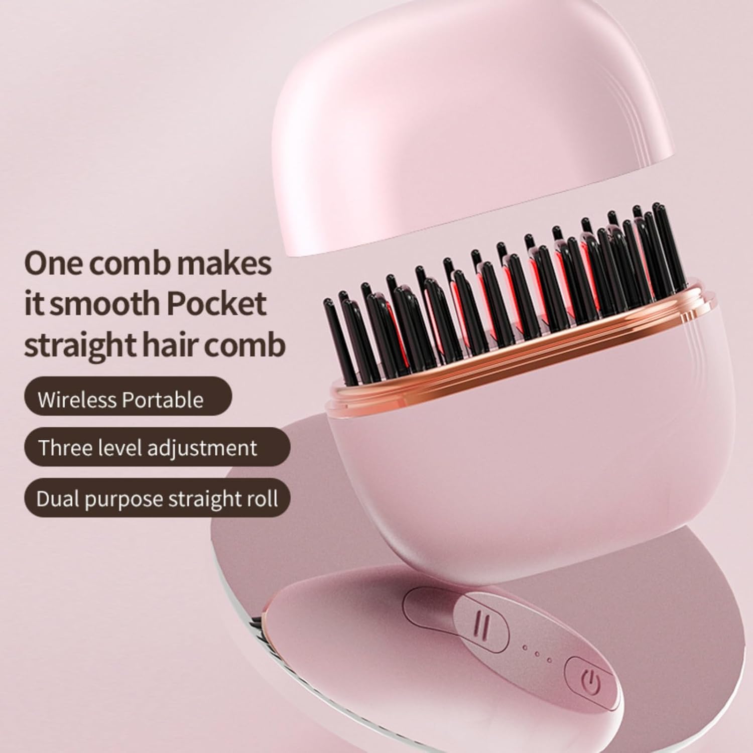 Mini Portable Hair Straightener Brush – Cordless Travel Straightener with 3 Heat Settings & Type-C Fast Charging, Smoothing for Frizzy & Wavy Hair, Ideal Gift for Women