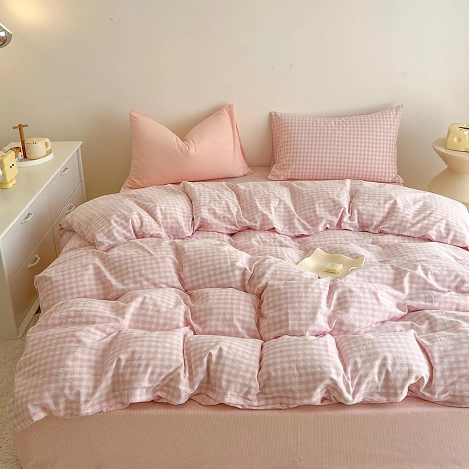 Gingham Duvet Cover Queen Size, 3PCS Pink White Checkered Duvet Cover Set, Microfiber Bedding Set for All Season with Zipper Closure and Corner Ties