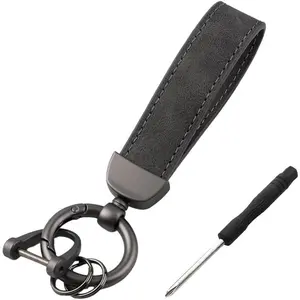 Genuine Leather Car Keychain, Universal Heavy Duty Metal Auto Key Fob Holder with Anti Lost D-Ring for Men Women (Black-Gray)