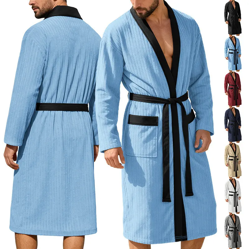 Men's Long Jacquard Bathrobe – Soft Solid-Color Terry Robe with Belt & Vertical Stripe Embroidery (Plus-Size Western Style)