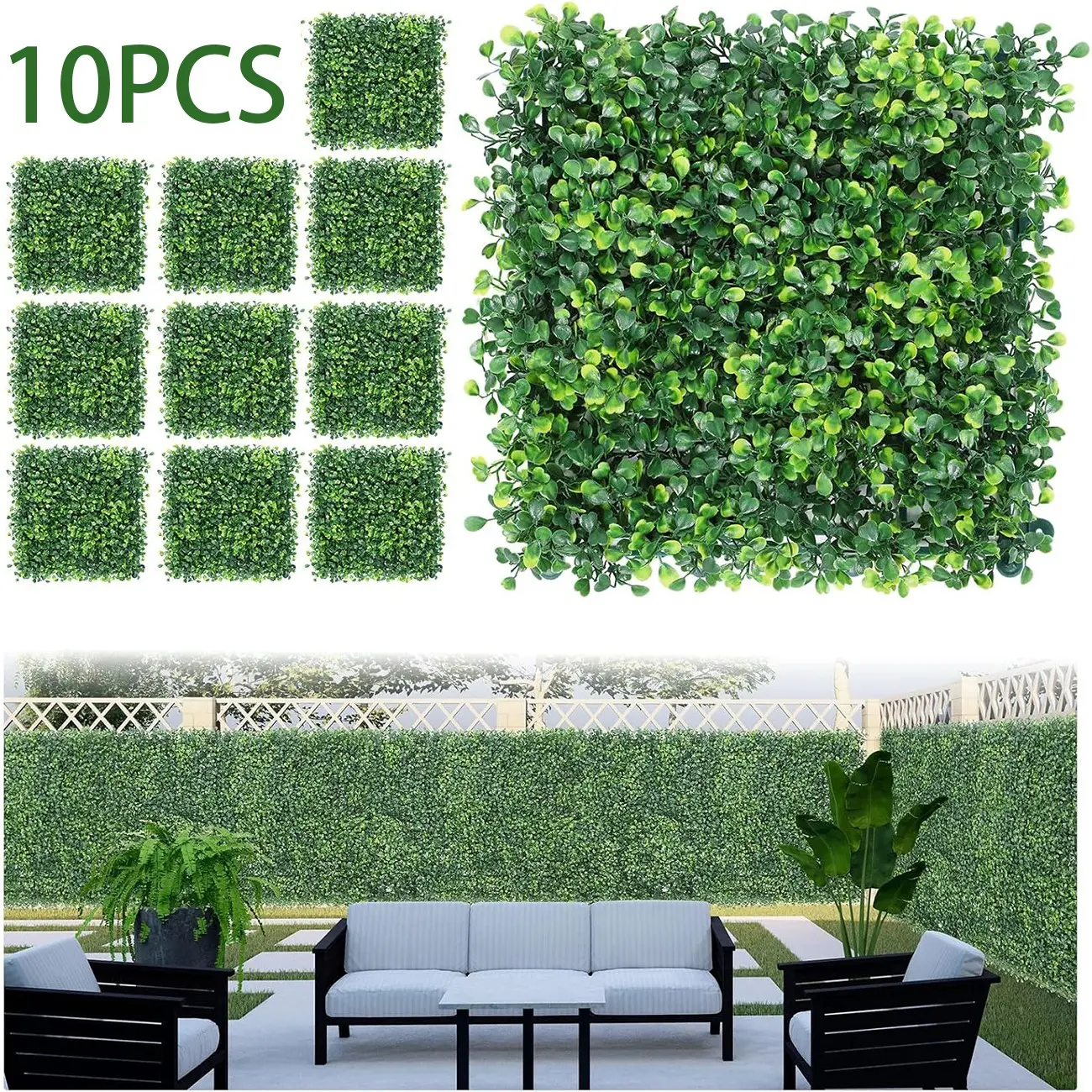 10Counts imitation Milan grass plant wall panels, 10-piece set, 10-inch x 10-inch artificial panel imitation lawn decoration, UV-resistant green plant backdrop, suitable for indoor and outdoor use, garden, courtyard, party, wedding privacy screen