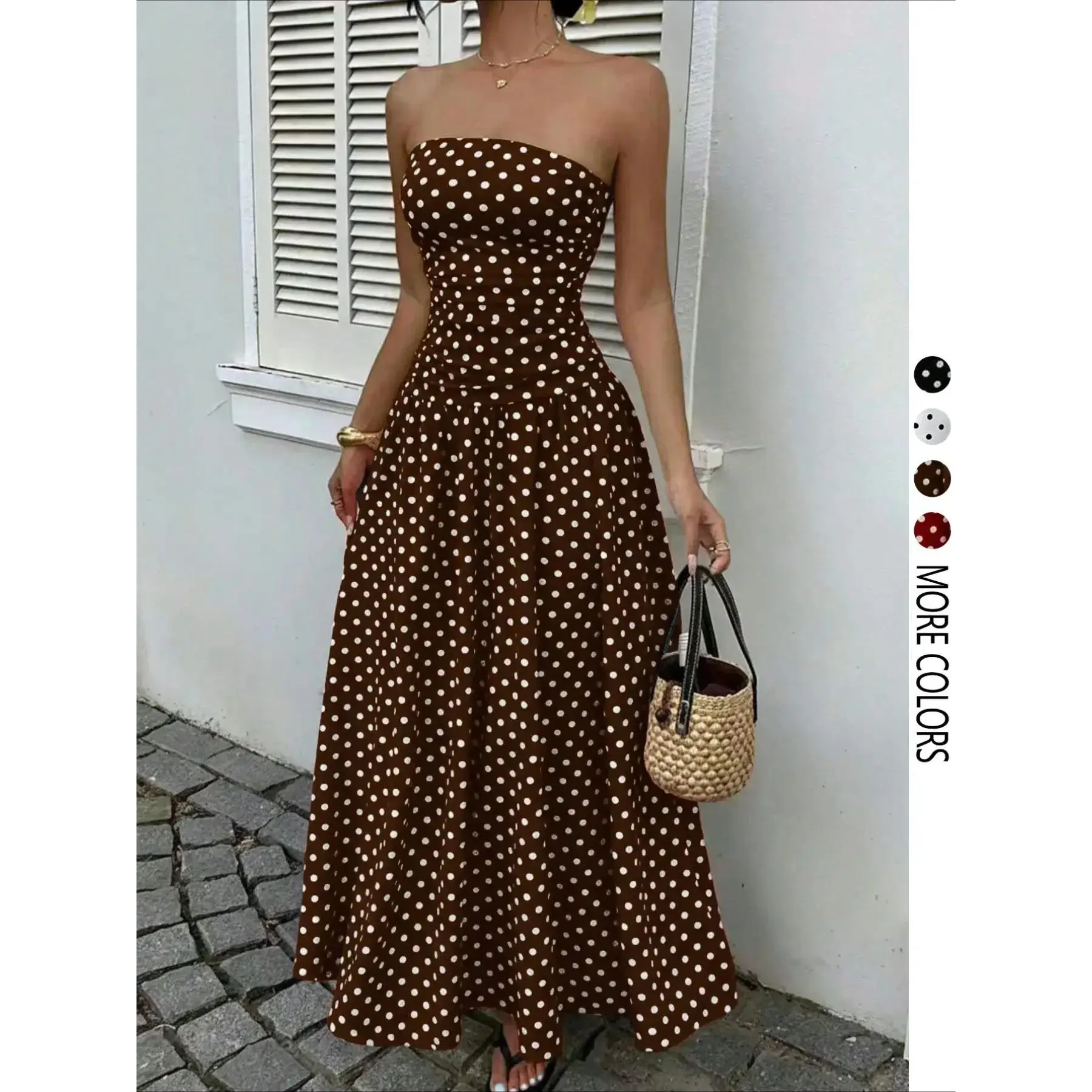 Women's Elegant Chic Fashion Polka Dot Strapless Dress, Stylish Sleeveless Maxi Dress for Parties and Casual Wear Womenswear, Elegant Evening Dress, Formal Dress
