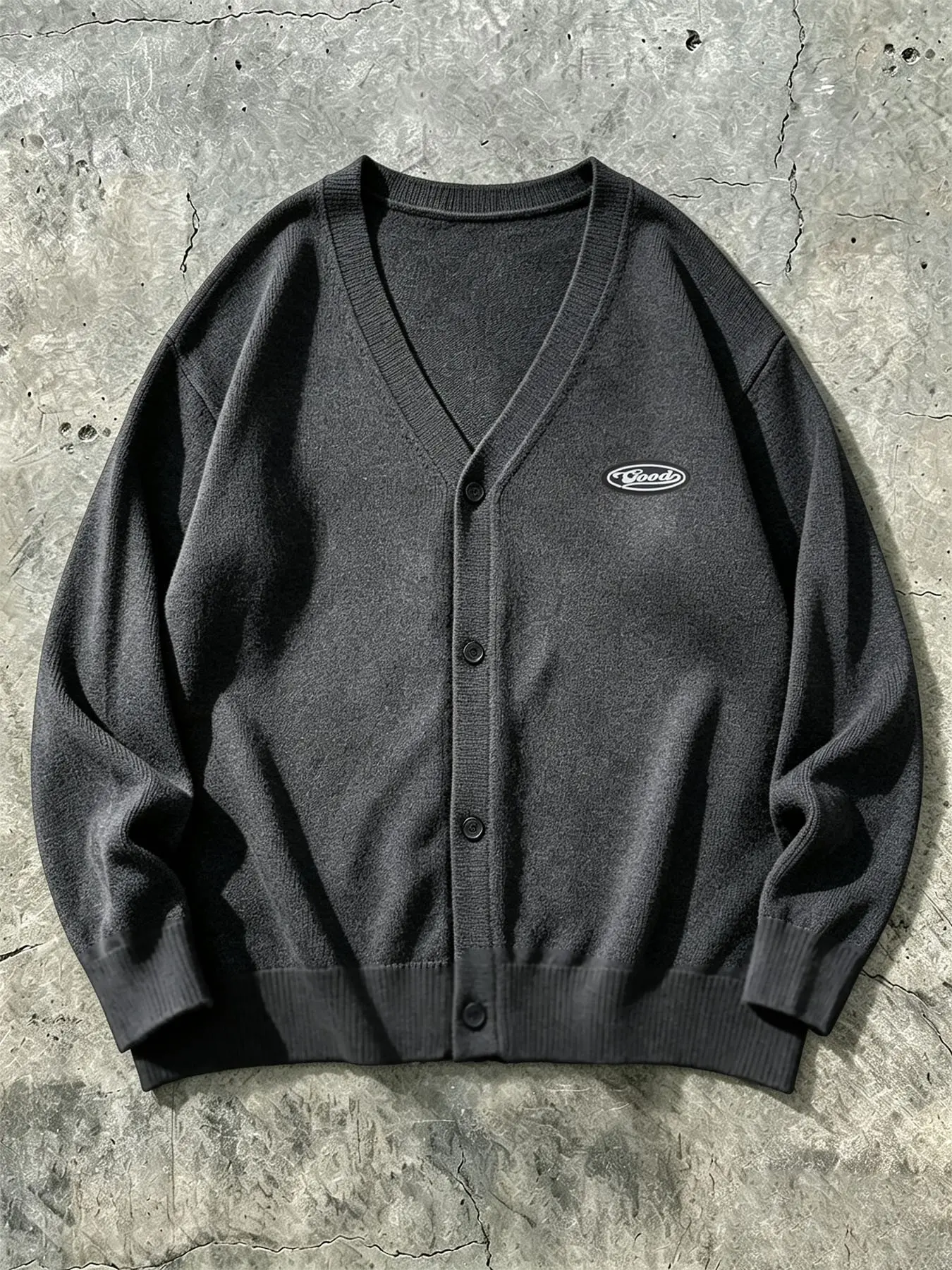 Men's Black V‑Neck Knit Cardigan, Good Oval Small Logo, Retro College Style Button‑Front Long Sleeve Jacket, For Campus Commute, Daily Outfits, Casual Dates, Fall Winter Layering