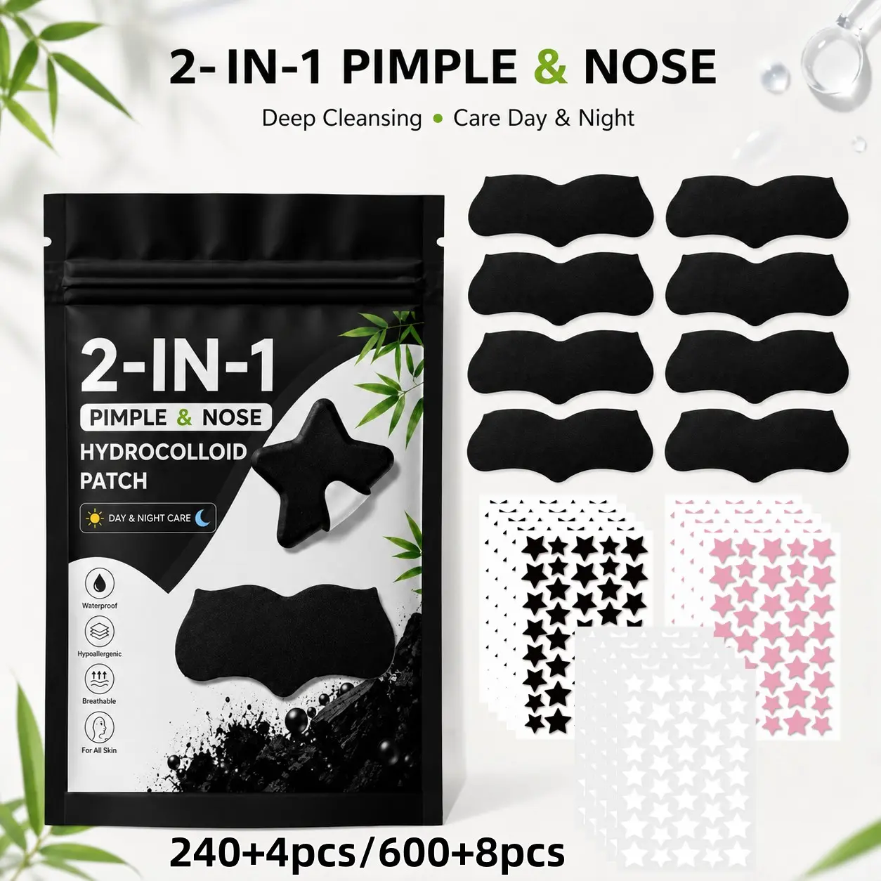 240+4Pcs/600+8Pcs Black, Pink & Clear Star Hydrocolloid Pimple Patches with Black Nose Strips, 2-in-1 Ultra-Thin Waterproof Breathable Day & Night Face Care Set for Makeup Prep, Travel, School, Work, Parties, Festivals and Holiday Gifts