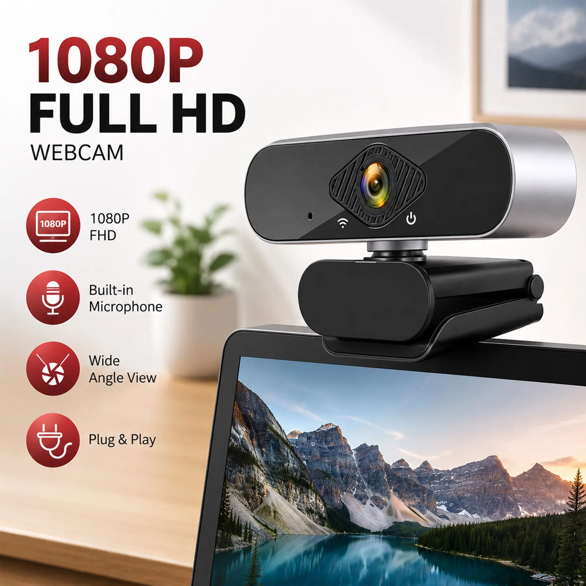 2026 1080P Full HD Webcam, Webcam For Laptop, 30FPS Plug-and-Play Camera, Auto Light Correction, Stereo Microphone, Live Broadcasting Equipment, Compatible with PC/Mac/Tablet for Zoom, Skype, FaceTime