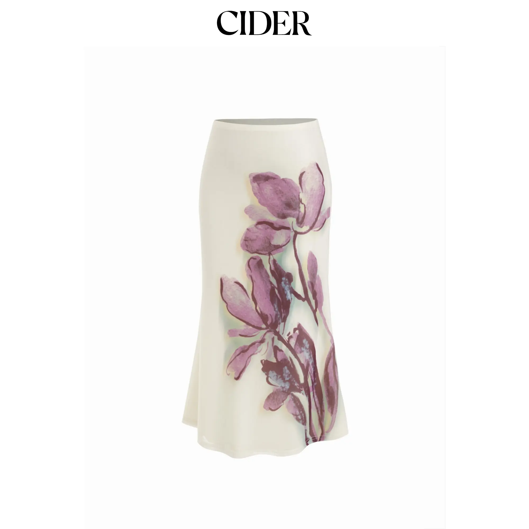 Cider Mesh Mid Rise Placement Floral Mermaid Midi Skirt