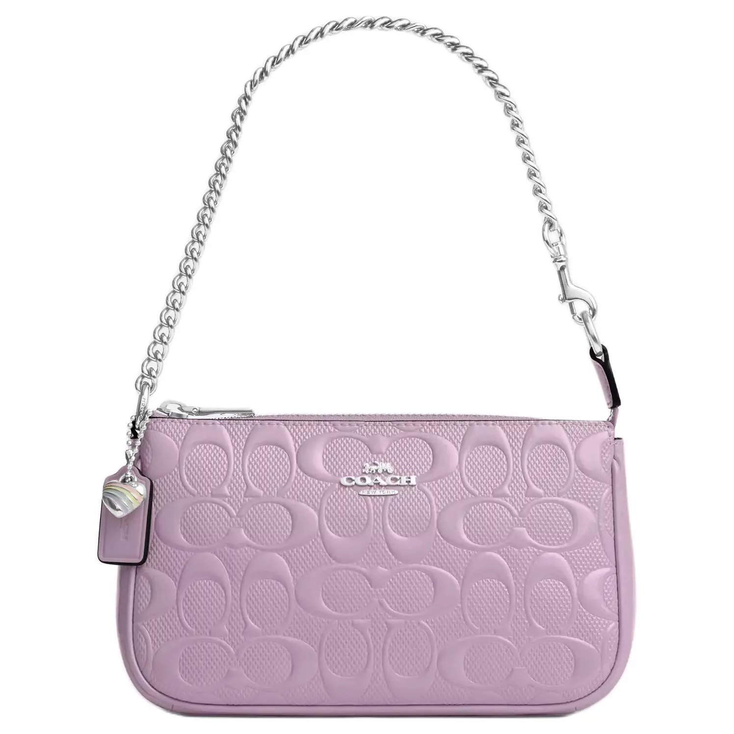 Coach Nolita 19 Small Handbag for Women, Silver Heart-Embellished Chain Handle, Pearlized Leather, Lavender Purple