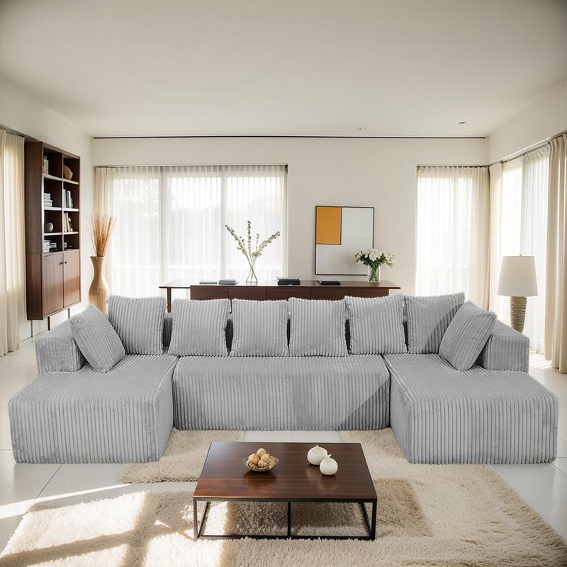 No Assembly Modular Sectional Sofa, Boneless Couch for Living Rooms,  131" U-Shaped Sectional with Chaise Lounge & Deep Seating, Cloud-Like Luxe Corduroy Sectional, Spacious Seating, Double Chaise Lounge Sofa, Designed for Ultimate Comfort