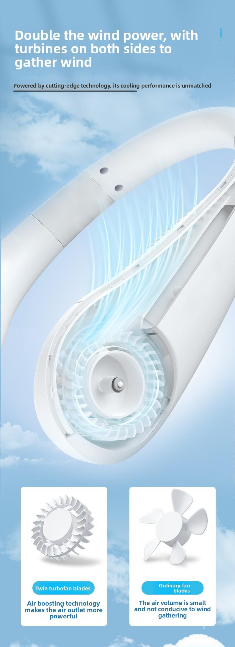 Three-speed adjustable neck fan, outdoor high-endurance portable universal USB hands-free neck fan