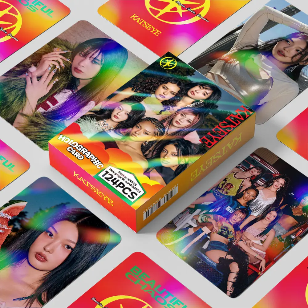 124Pcs KATSEYE Concept Photocards Laser Holographic Lomo Cards, Double Sided Flash Idol Collectible Photo Cards with Mini Stickers, Kpop Merch Photocard Collection for Binder, 2.24×3.46 Inch