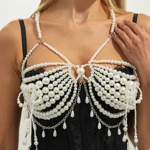 Multi-Layer Faux Pearl Bead Body Chain with Tassel - Elegant Beach Bikini Chest Accessory for Vacation