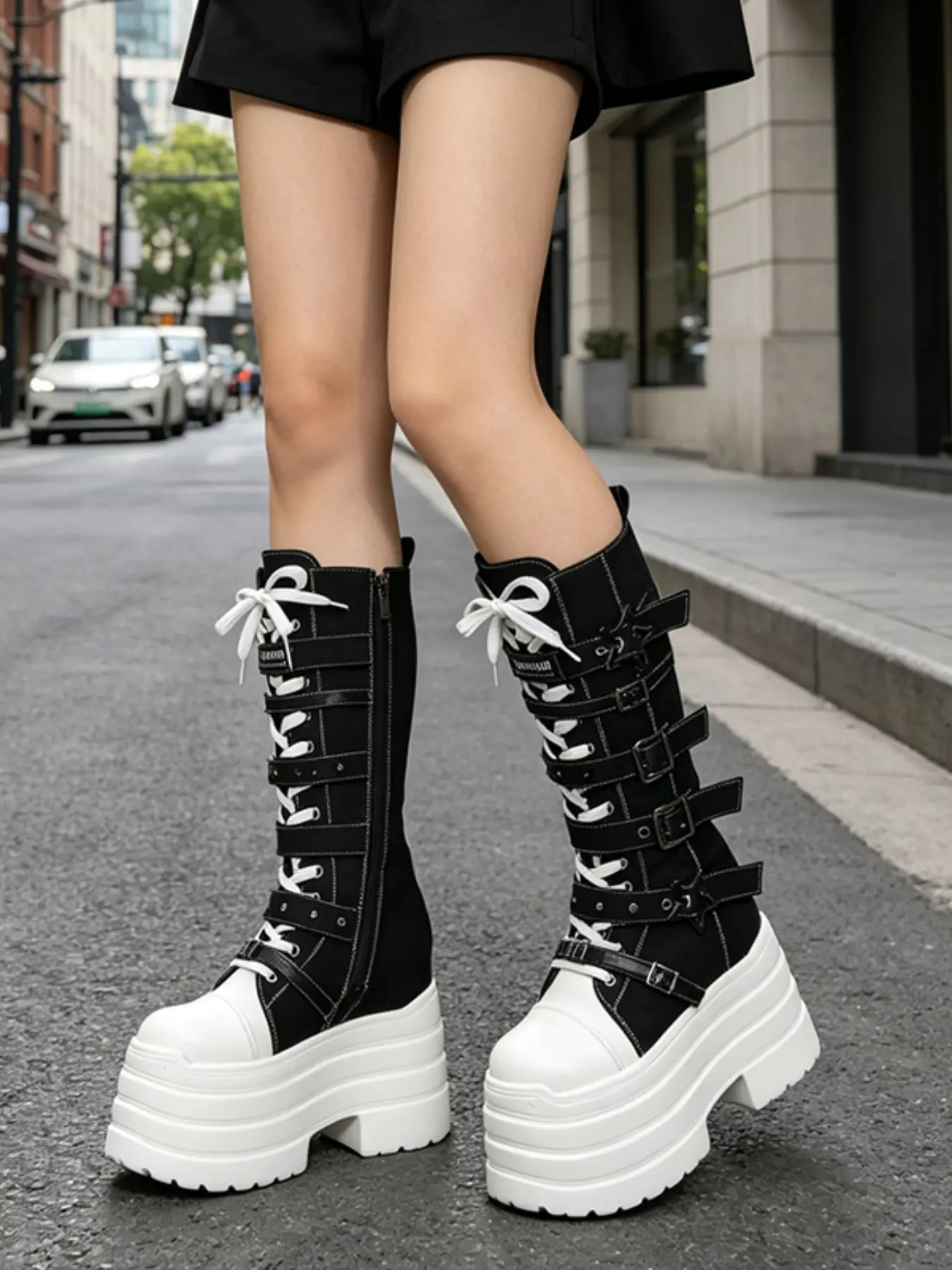 Women's Denim Canvas Long Boots, Trendy Boots, Grooved Thick Sole with Laces, Urban Style, High-Quality Material, Innovative Design