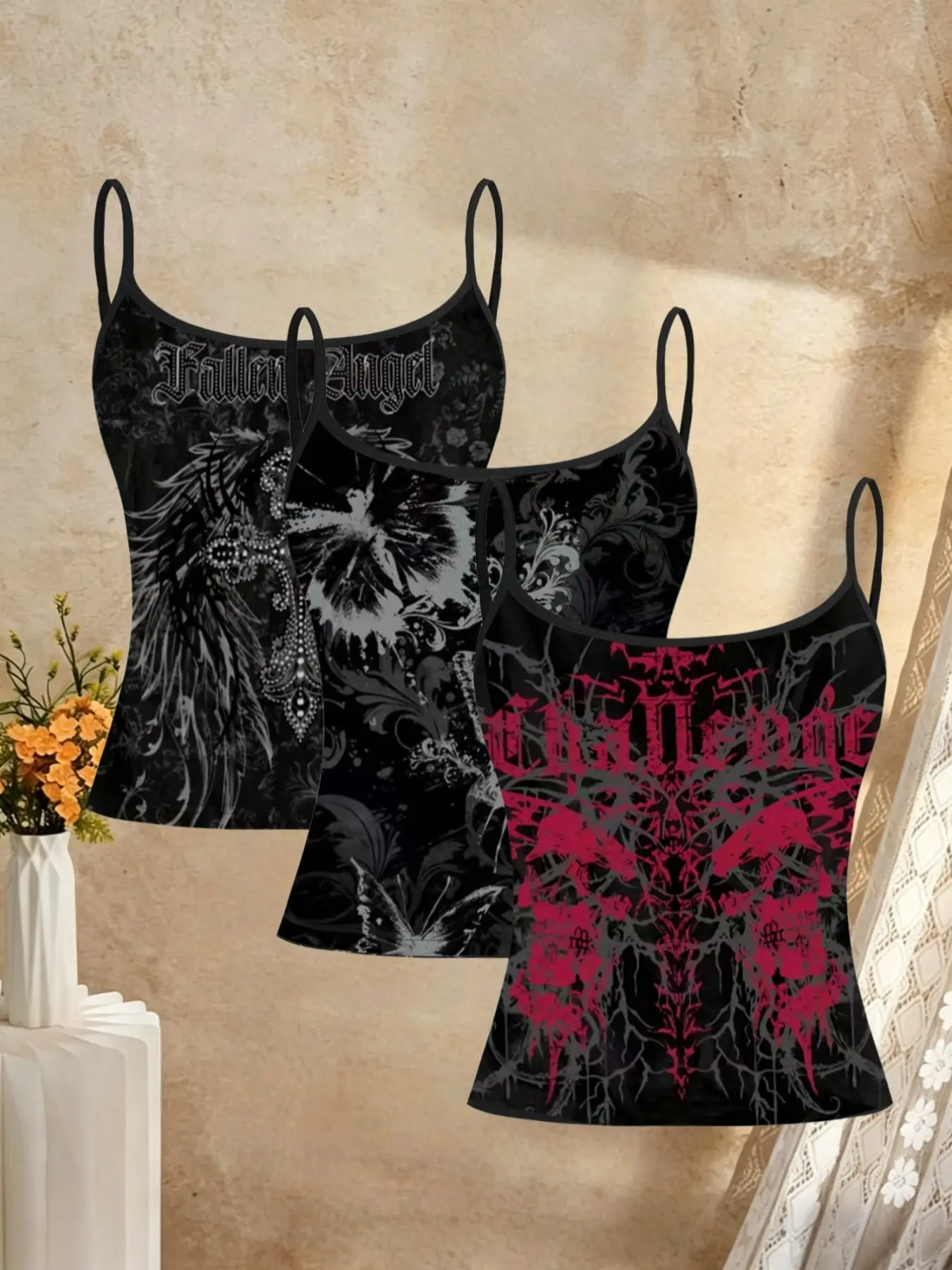 3 Piece Gothic Style Thin Strap Crop Top Set, Angel Butterfly Skull Print, Tight-Fitting Short Sleeve Sexy for Women, Spaghetti Strap, Underwear, Cropped Top
