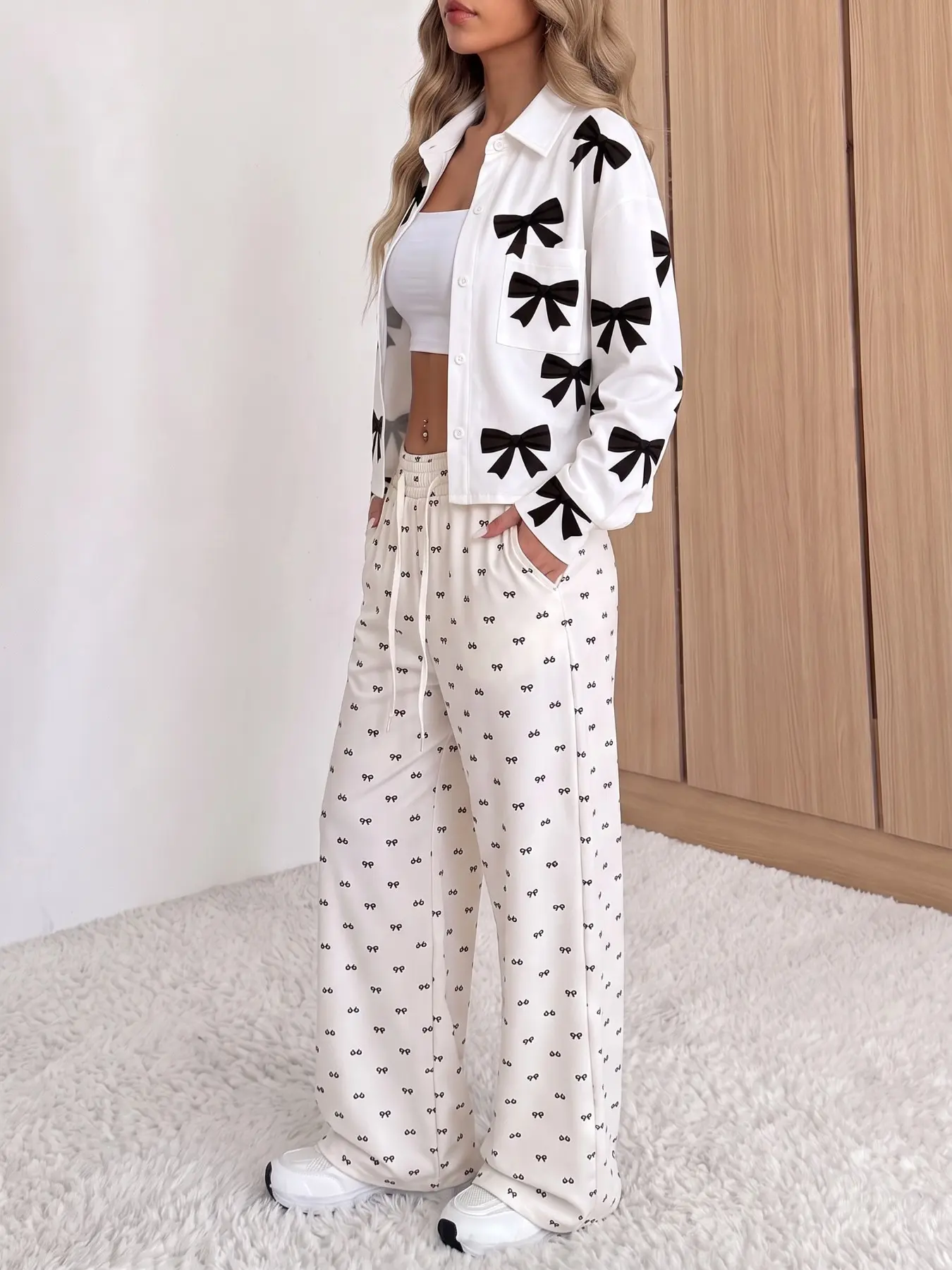 Bow Print Cropped Button Down Shirt & Drawstring Wide Leg Pants 2 Piece Set, Soft Loose High Waist Casual Tracksuit With Pockets, autumn outfits women, Elegant Relax Fit Daily Streetwear Matching Outfit, Cozy Lightweight Trendy Co‑Ord Set for Ladies