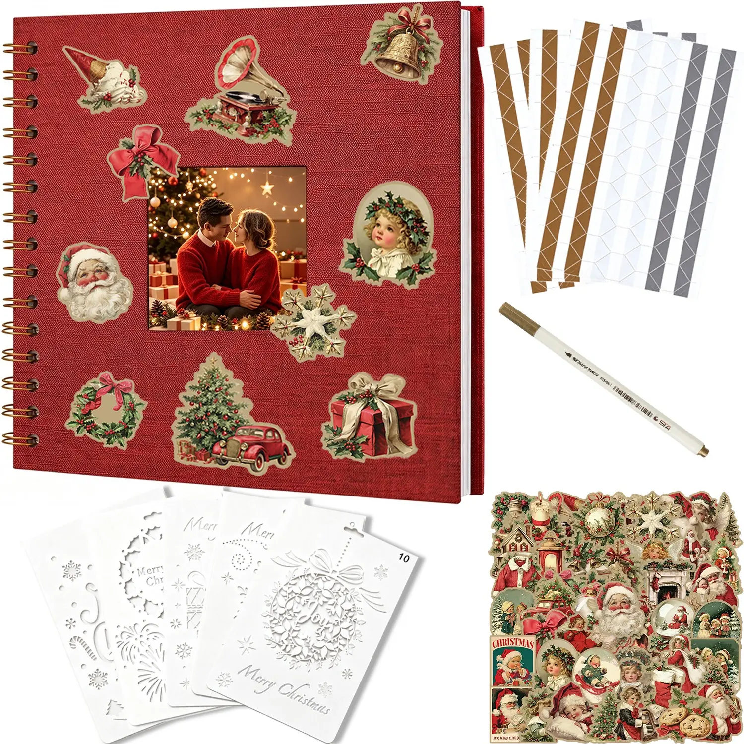 Vintage Christmas Scrapbook Set, Hard Cover DIY Photo Memory Book, Includes Stickers, Templates, Photo Corners, Markers, Perfect for Gifts