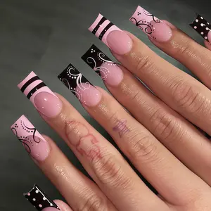 🔥Save $200 at Salon! Y2K Pink & Black Swirl Press On Nails | Long Square French Tip Coquette Acrylics 🖤