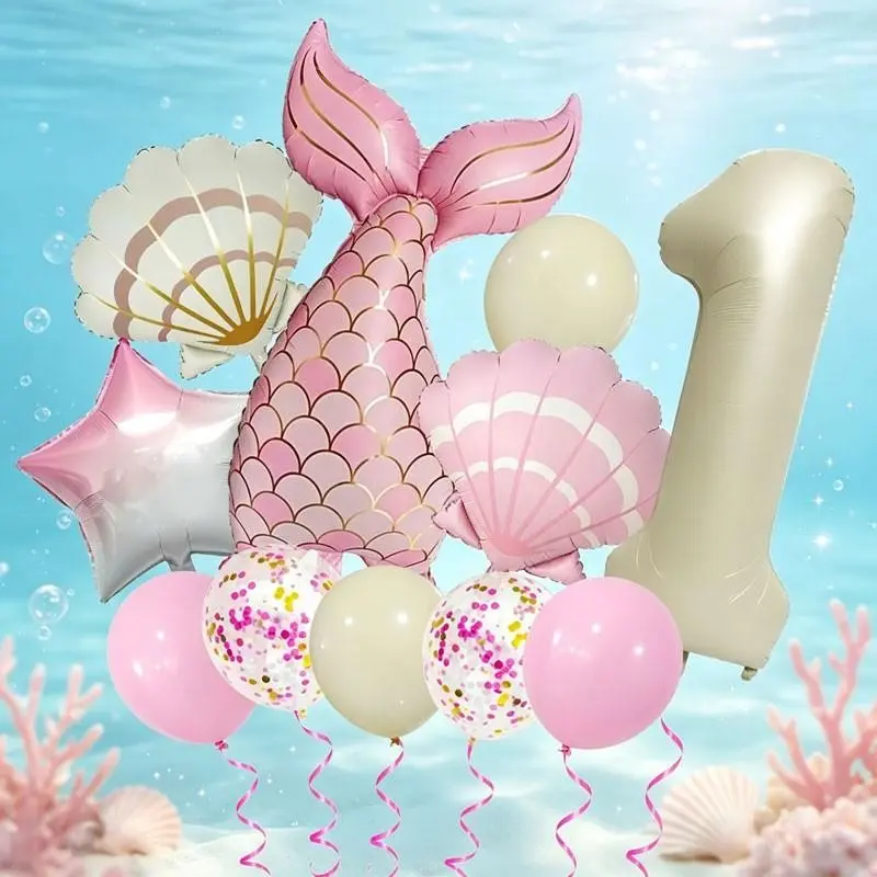 13-Piece Mermaid Theme Balloon Set, Includes 32-Inch Cream Number Foil, Tail, Shell, Star Foil, Latex Balloons, Glitter Balloons，Ideal for mermaid-themed birthday parties, underwater/ocean-themed parties, and poolside photo backdrops，Infant baptism