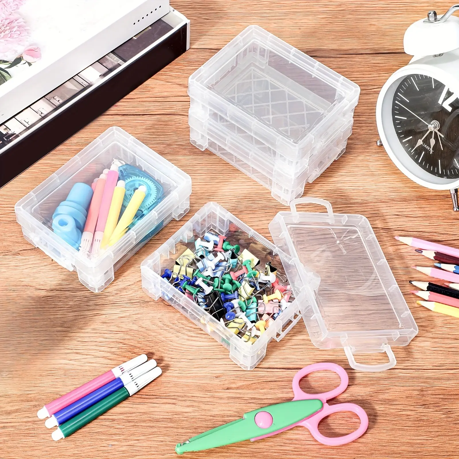 [32pcs Crayon Storage Box] 32pcs Plastic Crayon Box With Snap Lids Bulk Stackable Crayon Storage Box Pen Pencil Container For Organizer Art Craft School Classroom Office Supply (Clear)