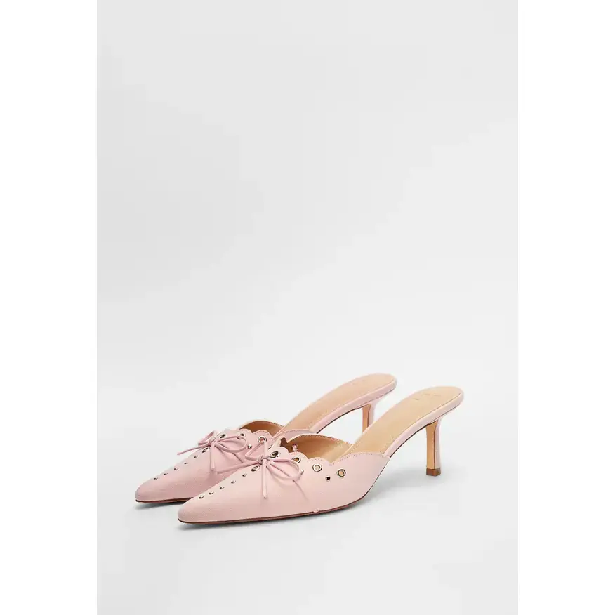 JUST FAB Women's Elegant Eco Leather Kitten Heel Mules - Pointed Toe Slip-On Footwear for Date Nights, Narrow-Friendly Scalloped Bow Dress Shoe, Women's Shoes, Bow Detail