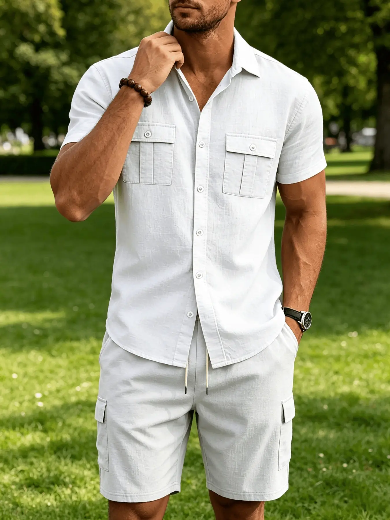Summer Men's Linen Short Sleeve Shirt and Cargo Shorts Set, Multi-Pocket Drawstring Loose Fit, Beach Vacation Casual Daily Wear