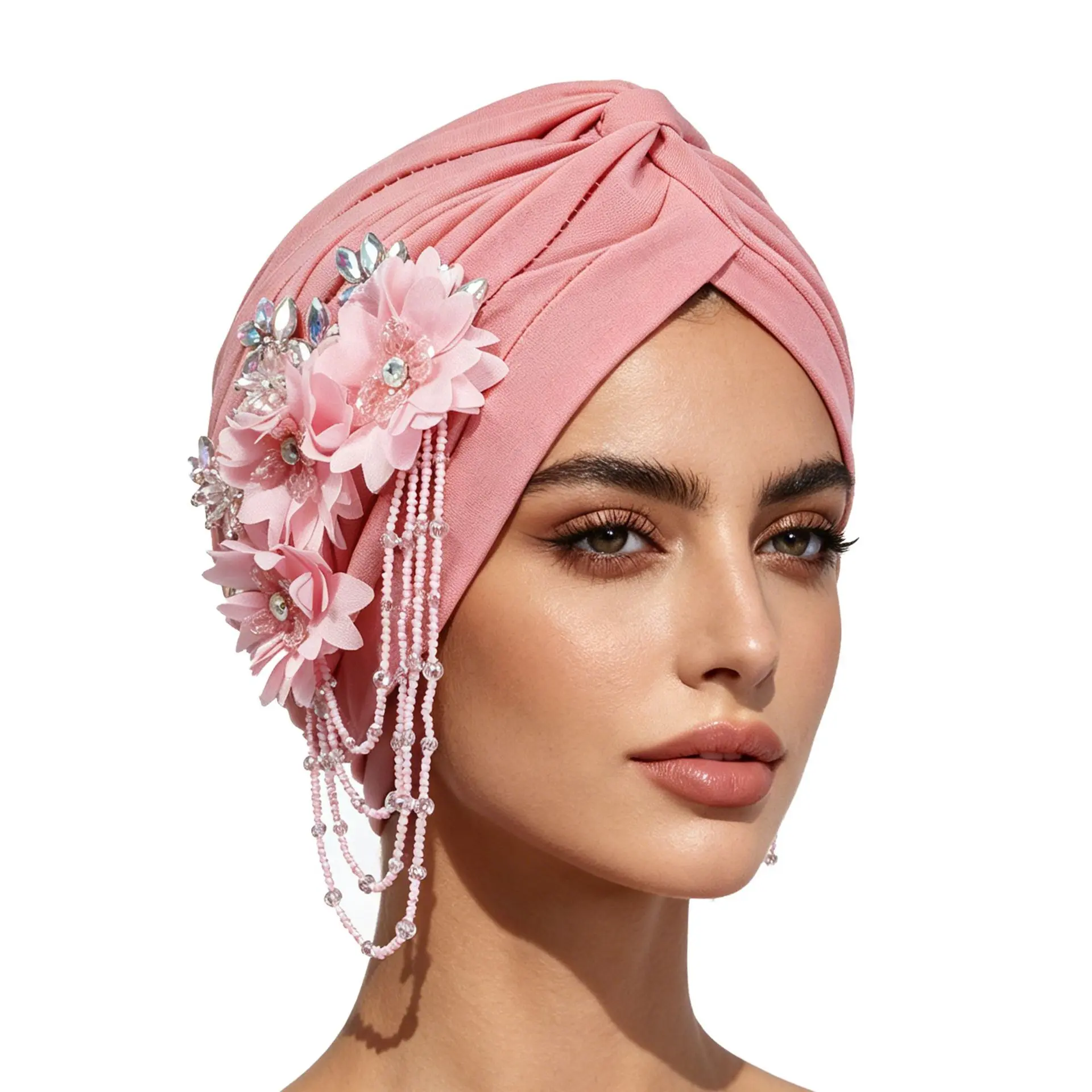 Blush Pink 3D Flower Beaded Turban Headwrap - Cross Knot, Non-Slip, Full Coverage Stretch Bonnet Cap - Vintage Party Wear, Hanging Beaded Chain Modest Hair Cover (Sports & Outdoor Accessory)