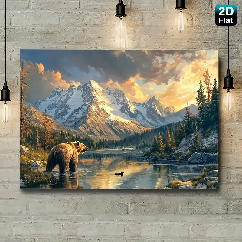 2D Flat, 1Pc Canvas Poster depicting mountains, lakes, and bears, framed, ready to hang, perfect for decorating rooms, offices, homes, and bathrooms