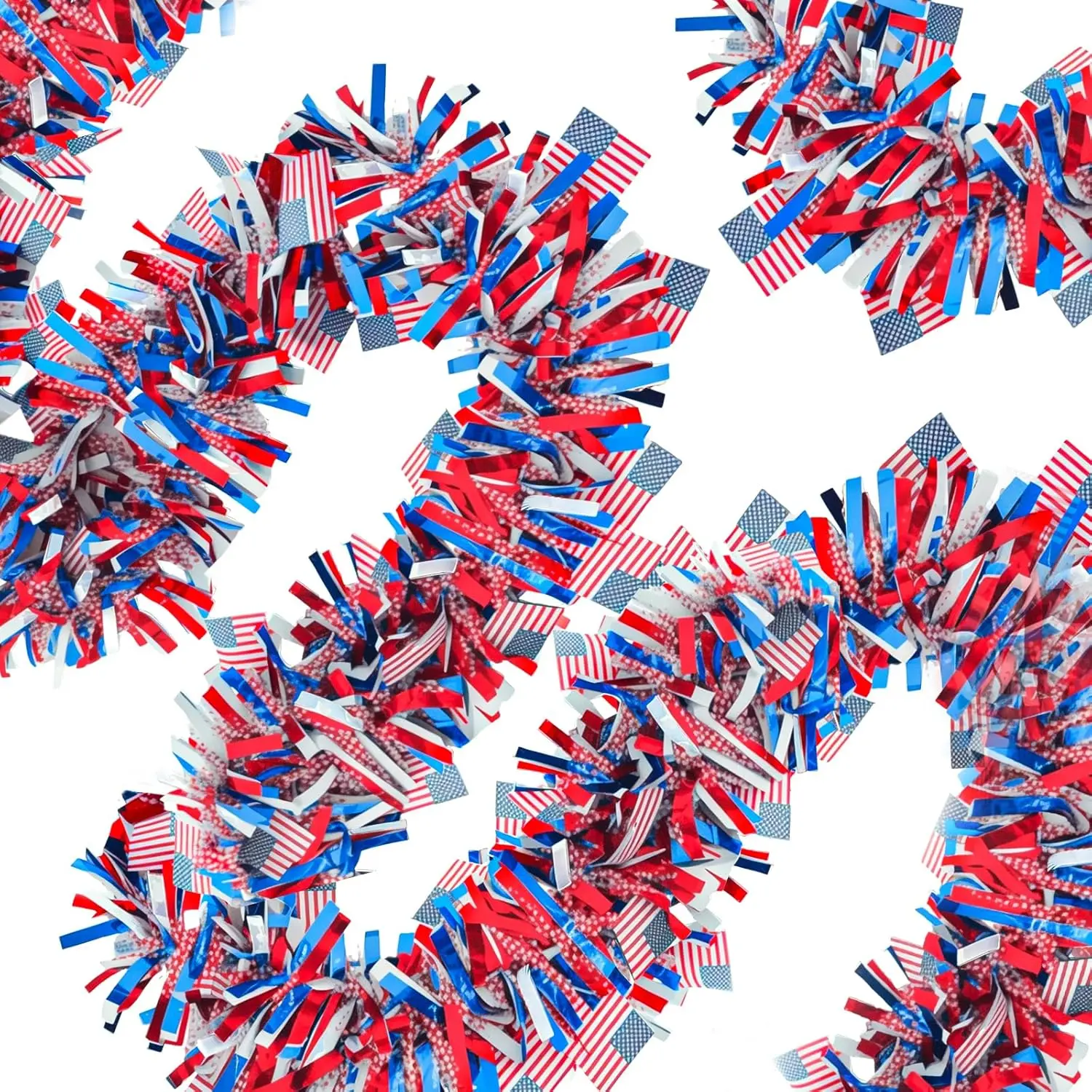 4 Pack 26.4 ft Red White Blue Patriotic Tinsel Garland with American Flags, Metallic Foil Fringe Banner Streamers for 4th of July, Memorial Day, Veterans Day, Independence Day, and Parade Decorationsfidget toys