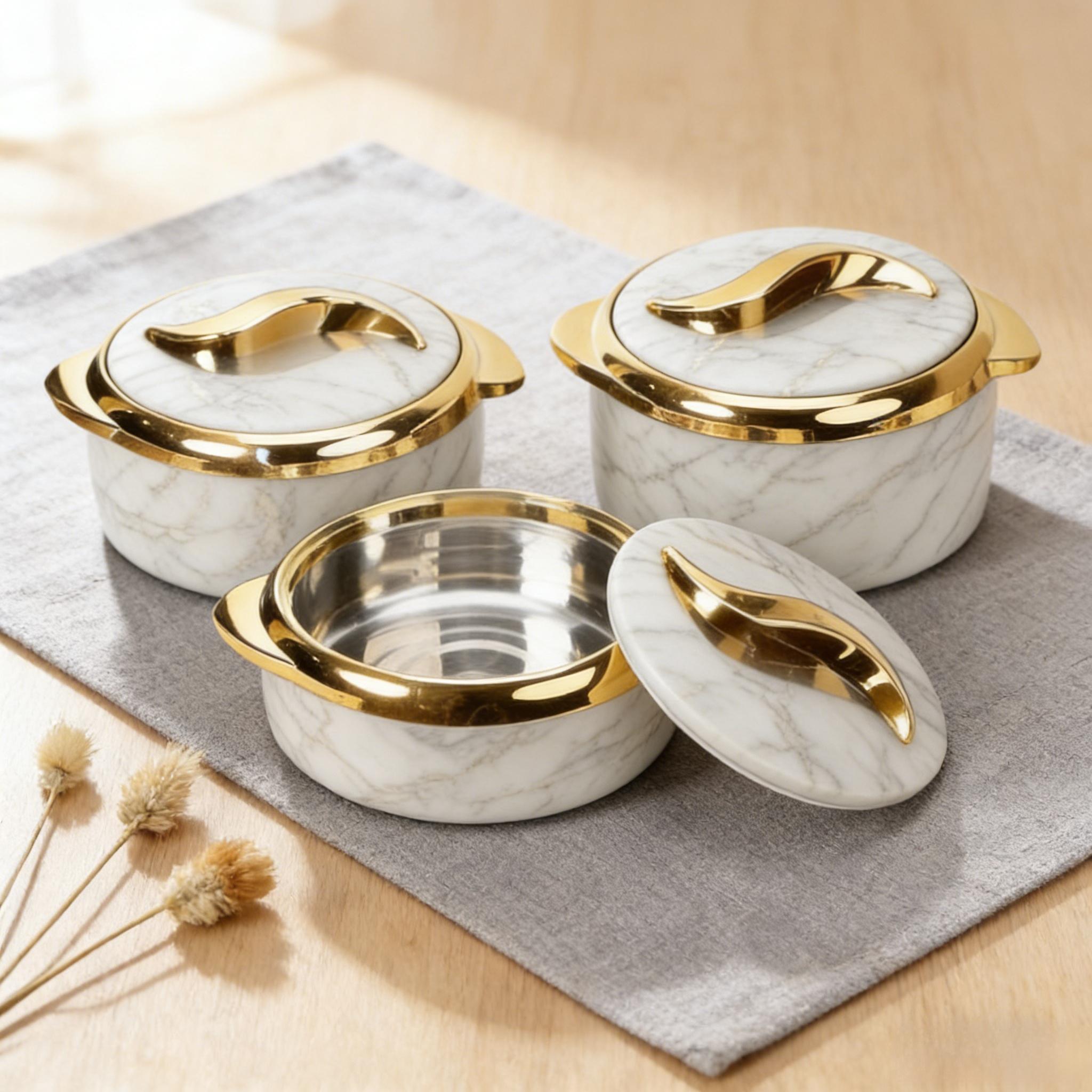 3-piece set of Scandinavian marble pattern insulated pot with gold trim and lid, home dining table thermal food bowl, food preservation box