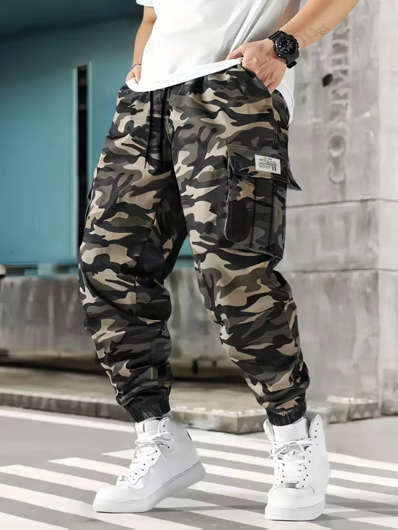 Men's Camo Print Casual Sweatpants, Drawstring Waist & Ankle Tie, Multi-Pocket Design, Fitted, All Seasons, Gym, Running, Daily Wear