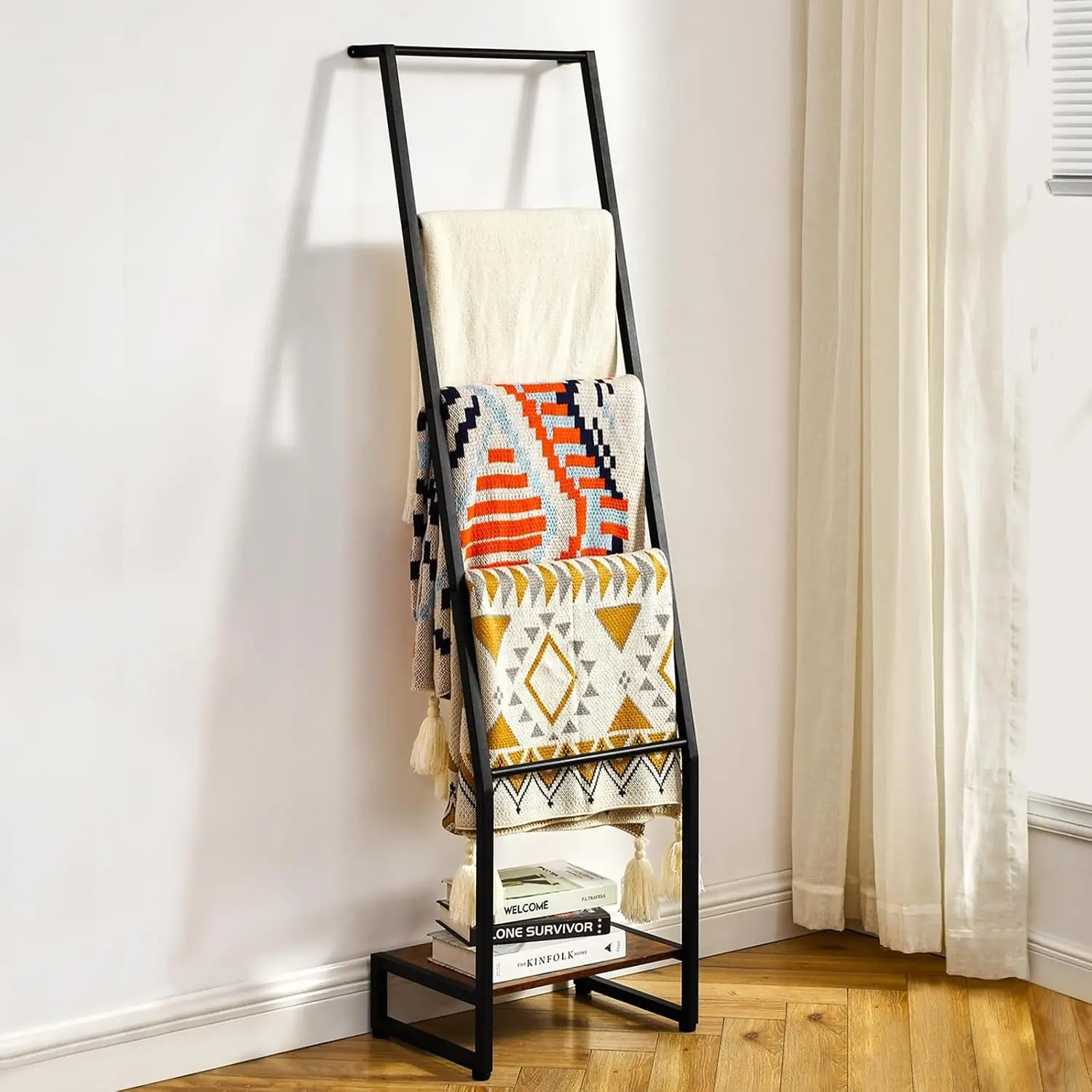 Blanket Ladder, 5 Tier Ladder Shelf,Wooden Blanket Ladders for Living Room and Bedroom, 5.2ft Blanket Holder Rack Farmhouse Ladder Rack for Storage and Home Decor, Rustic Brown and Black