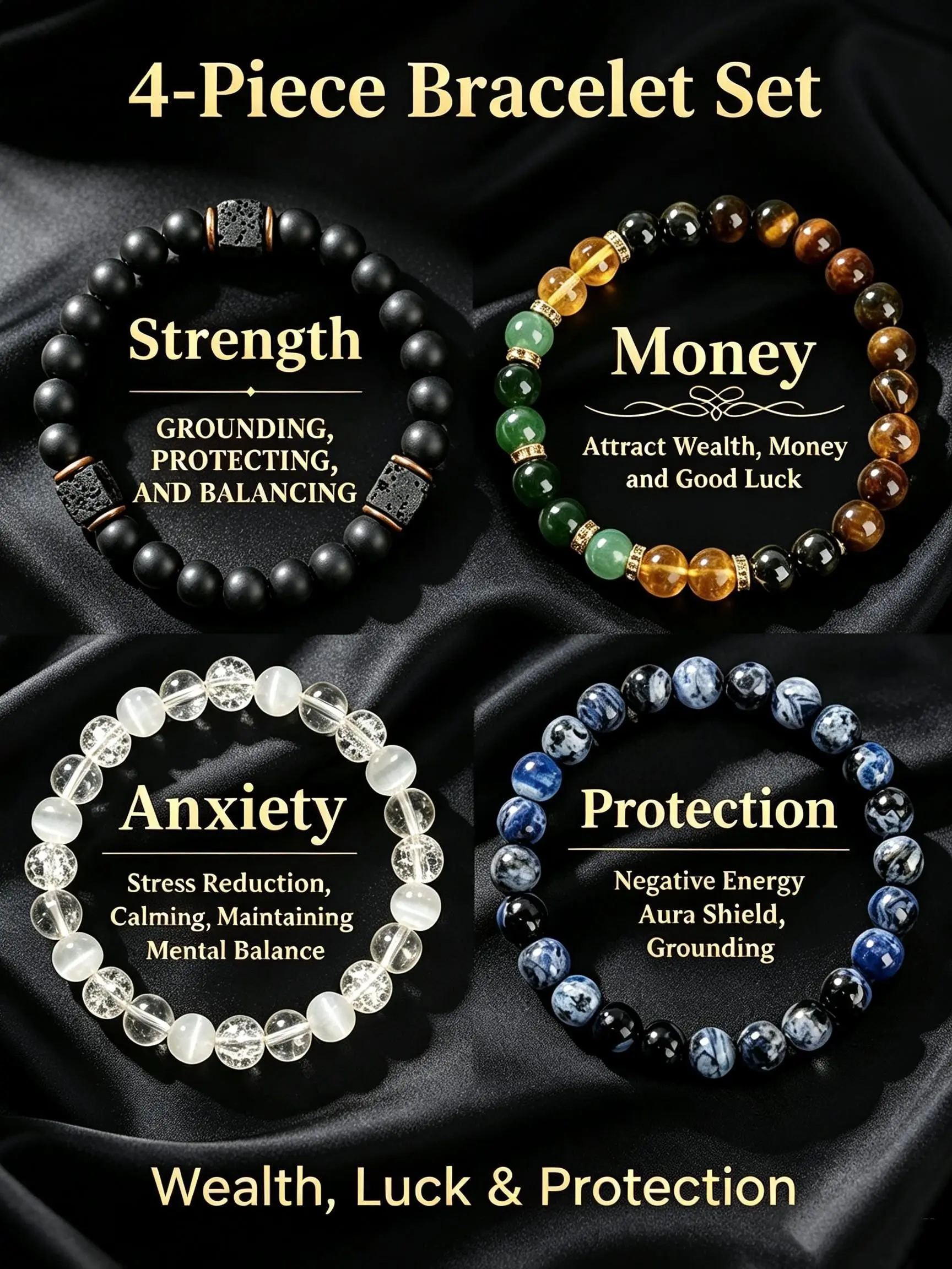 4pcs Boho Crystal Bracelets Set, Unisex, Tiger Eye, Obsidian, Hematite Beads, Protective, Wealth Attracting, Anxiety Relief, Elegant, All Seasons