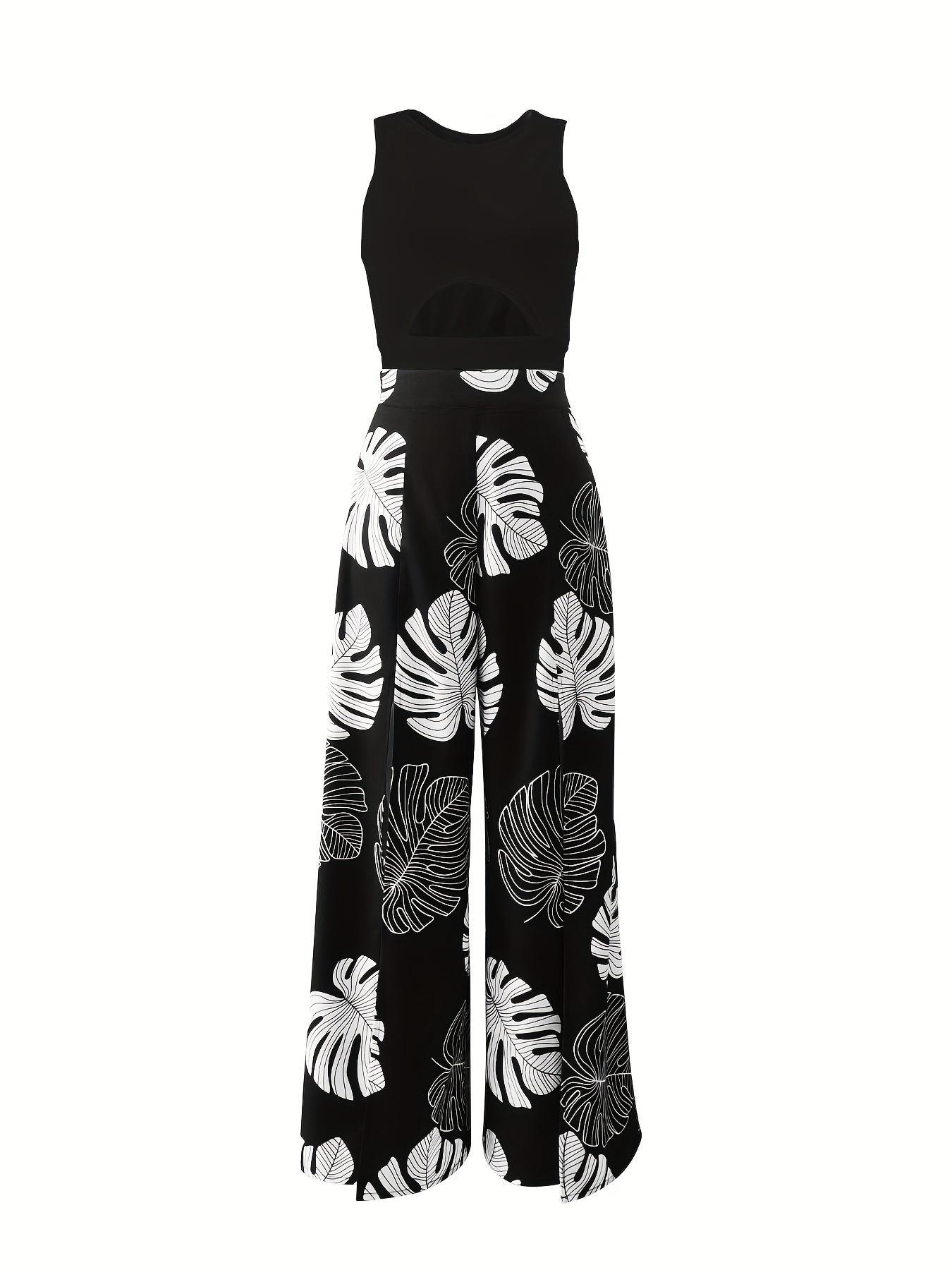 Women's Solid Crop Top & Leaf Print Wide Leg Pants Two-Piece Set, Elegant Fashion Casual Top & High Waist Trousers for Daily Outdoor Wear, Ladies Womenswear Outfits for Summer