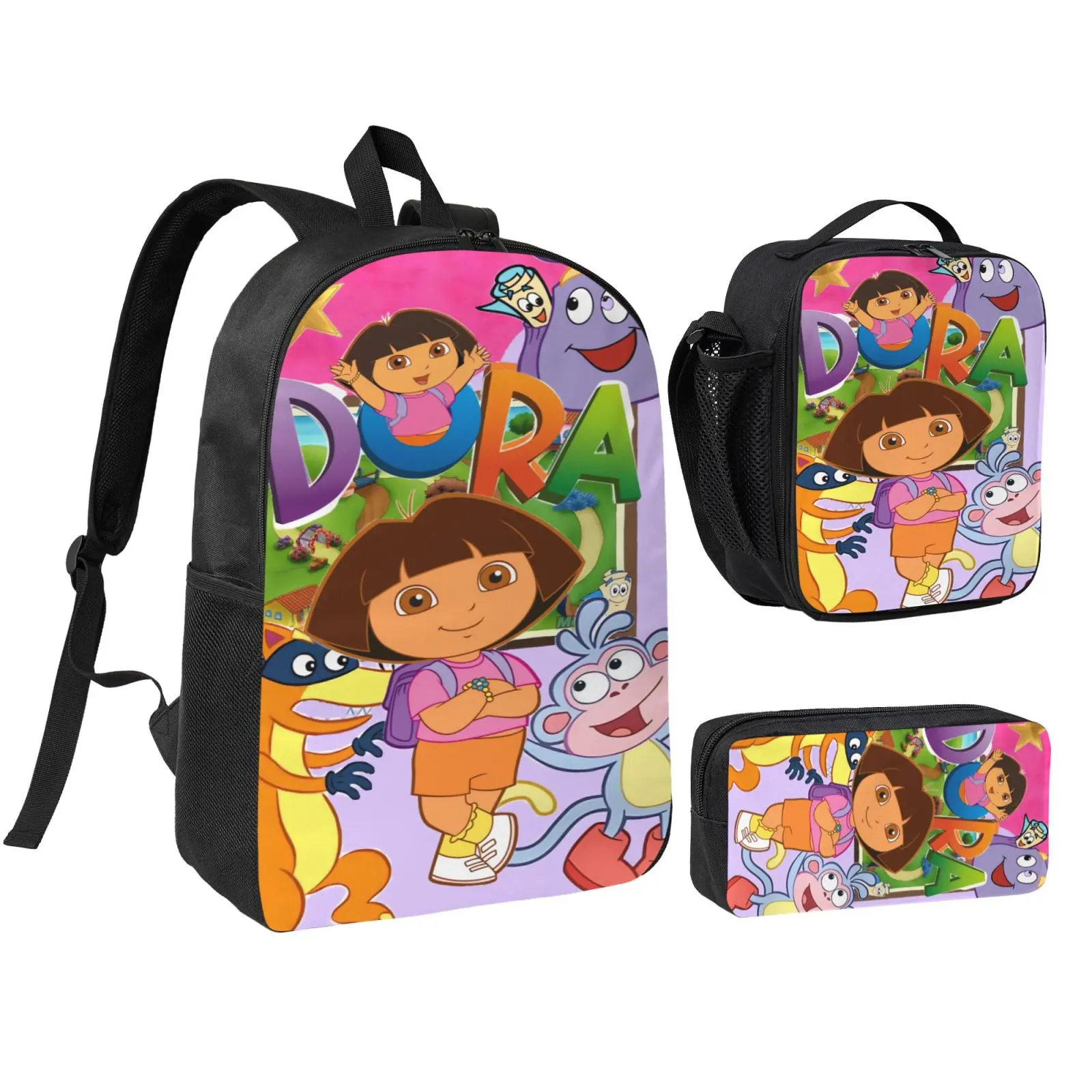 Unisex Dora The Explorer1 3Pcs Backpack for Teen Girls Boys, School Bookbag with Lunchbox Pecil box, Anime backpack with adjustable straps, office travel bag Bookbag, Back To School Haul, Polyester, Lunch Box