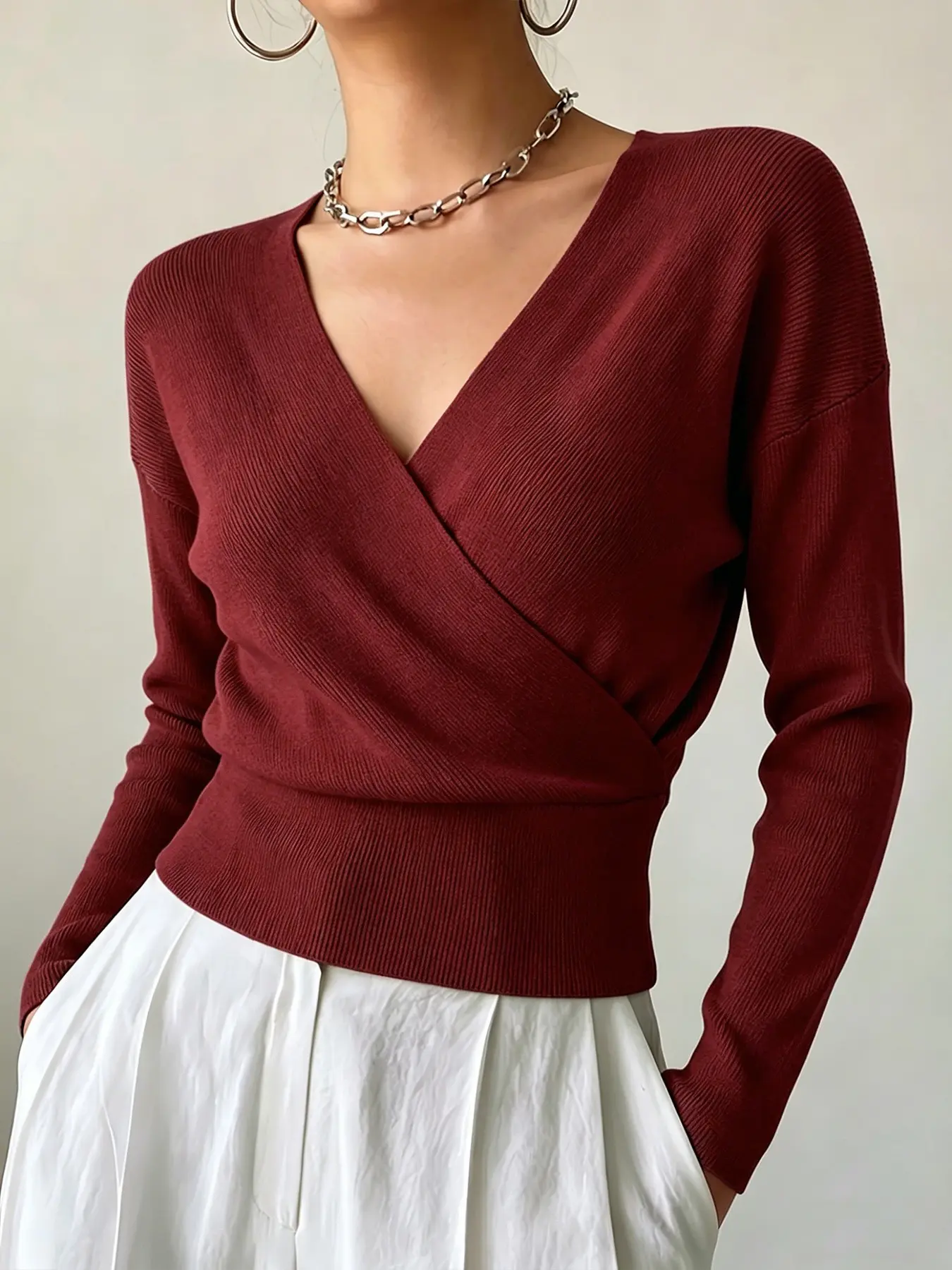 Women's V-Neck Cross Wrap Knit Sweater, Long Sleeve Fitted Top, Elegant Office Wear, Multiple Colors, Casual Style, Plain Pattern