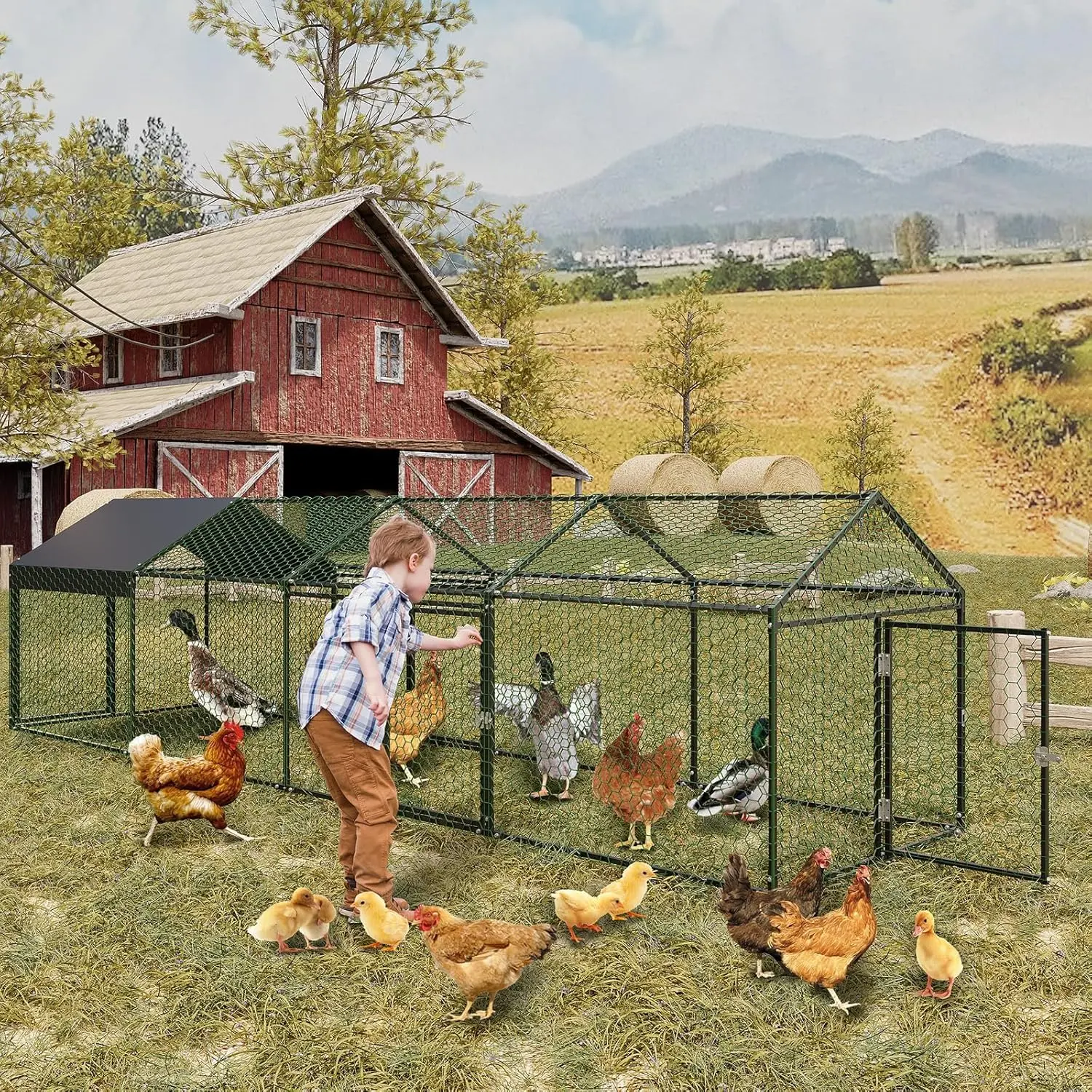 Metal Chicken Coop with Waterproof and Anti-UV Cover, Chicken Run for Yard with 4 Doors, Poultry Cage for Rabbit Duck Goose, 160 in x40 in x40 in, Black