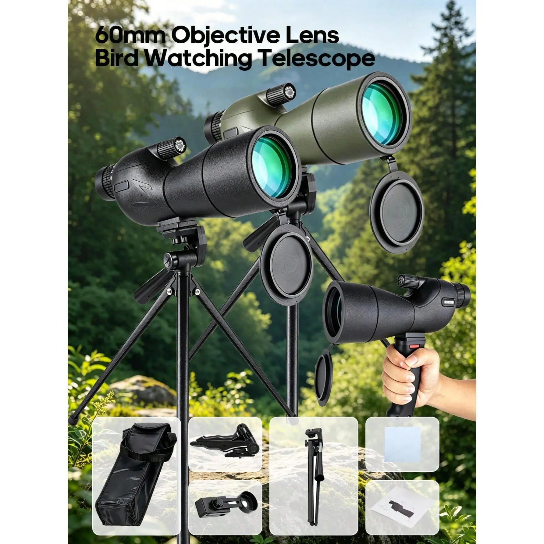 Unisex 60mm Monocular Scope, Waterproof ABS Plastic with Tripod Mount and Phone Adapter for Outdoor Sports and Bird Watching, Single Size