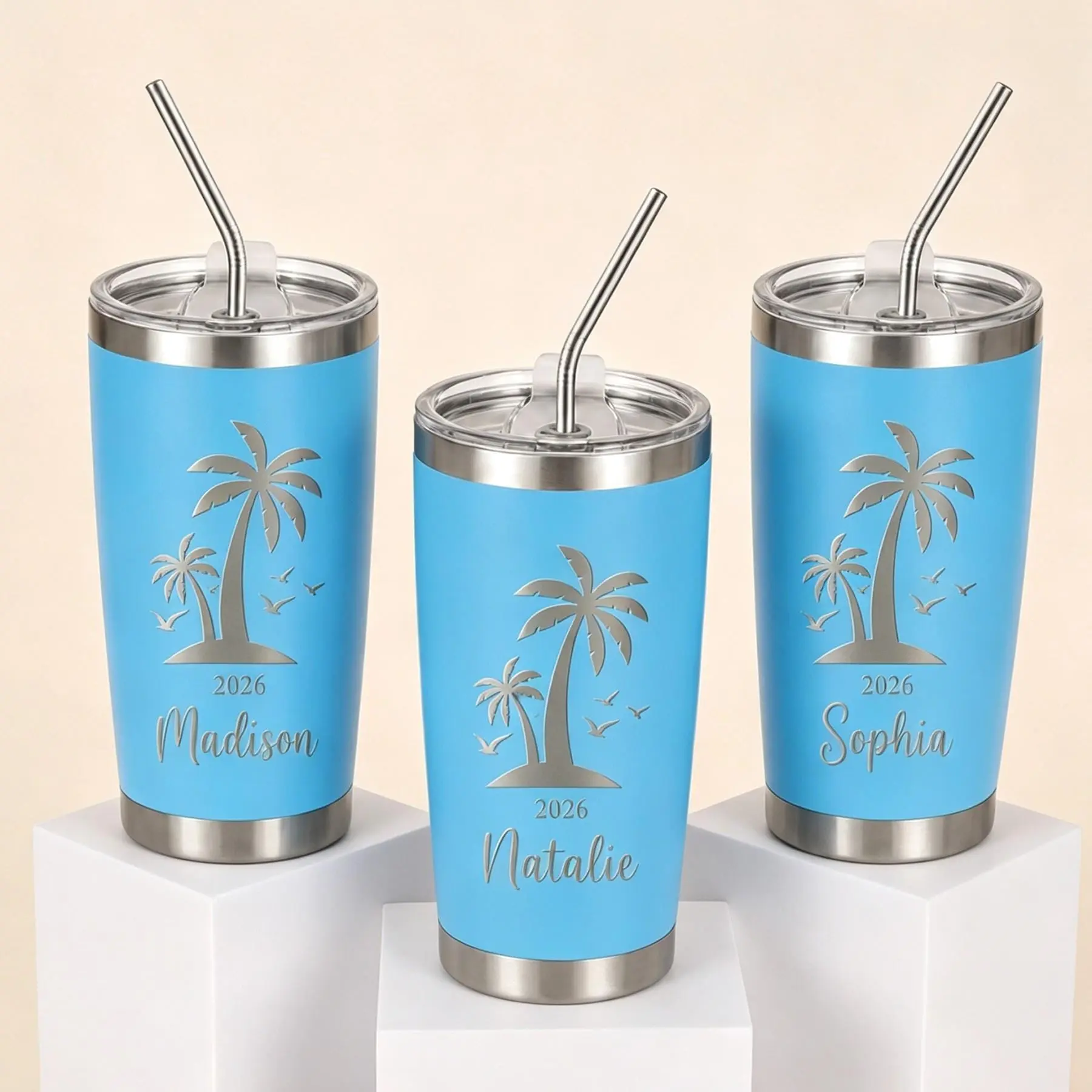 Custom Engraved Insulated Stainless Steel Travel Mug - Tropical Plant Print, Leak-Proof, Straw-Included Tumbler, Bridesmaid Gift, Portable Insulated Cup, Single Unit for Active Lifestyle, New Arrival Kitchenware Drinkware Vacuum Flask gym office