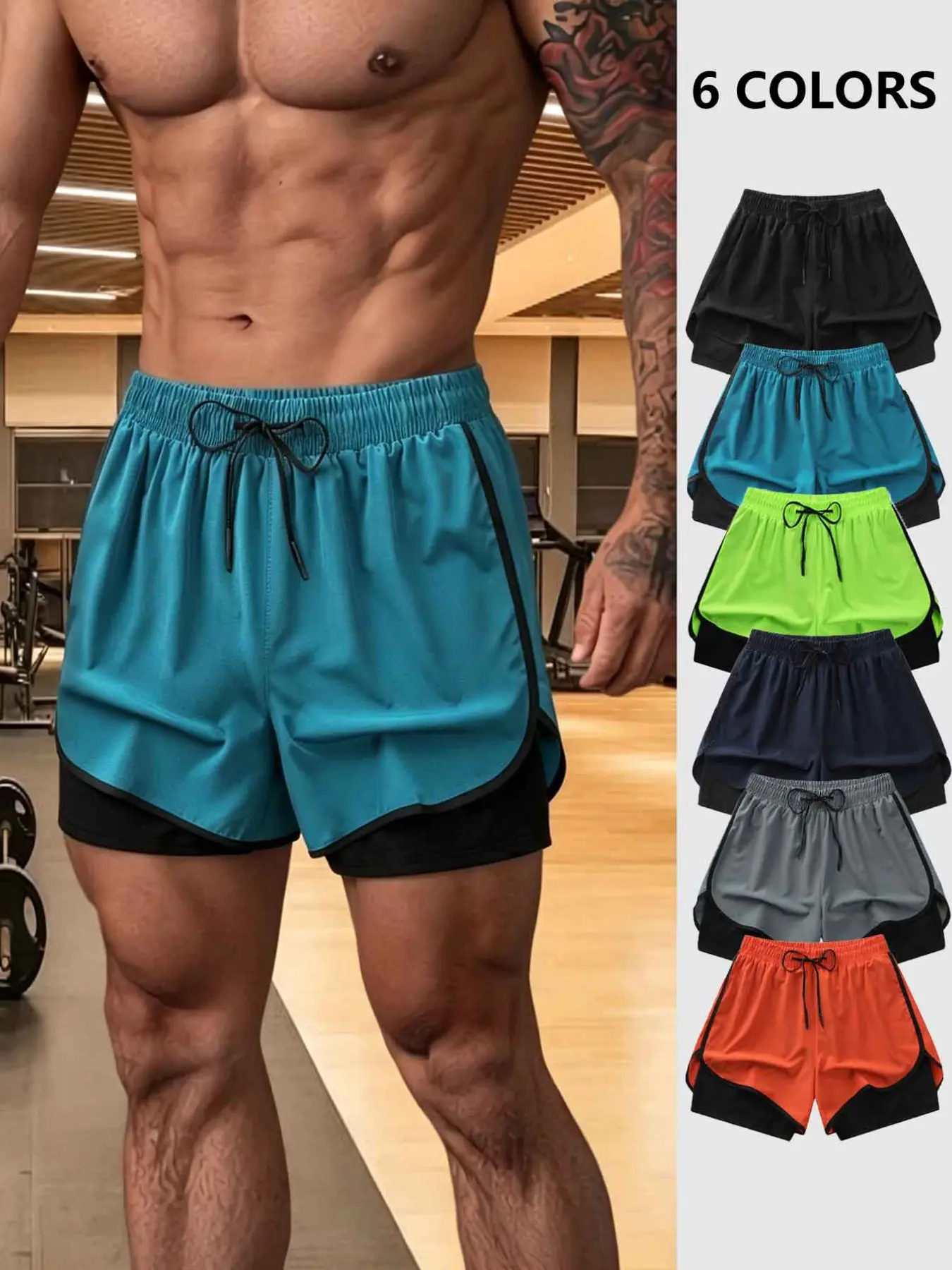 Men's summer three inch quick drying sports shorts, elastic waist drawstring double-layer sports shorts, lightweight and breathable running shorts, suitable for gym training, sports and fitness daily activities