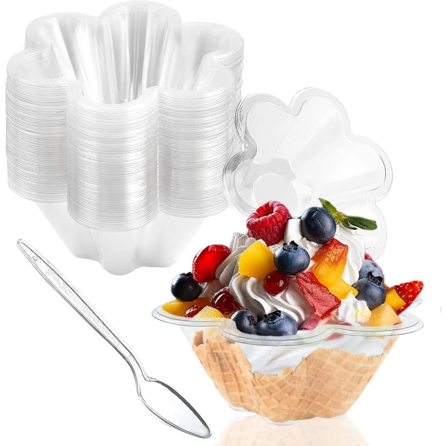 50ct 8oz Plastic Dessert Cups with Spoons, Clear Flower shaped Ice Cream Bowls, Party Sundae Serving Bowls, Parfait Appetizer Cups for Ice Cream, Nuts, and Salad